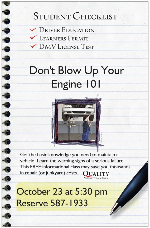 Do not Blow Up Your Engine 101 - October 23rd | Quality Automotive Servicing